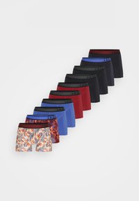 Gemischte Herren-Boxershorts in verschiedenen Farben: schwarz, blau, rot und ein Blumenmuster, mit einem schwarzen elastischen Bund mit Logo.