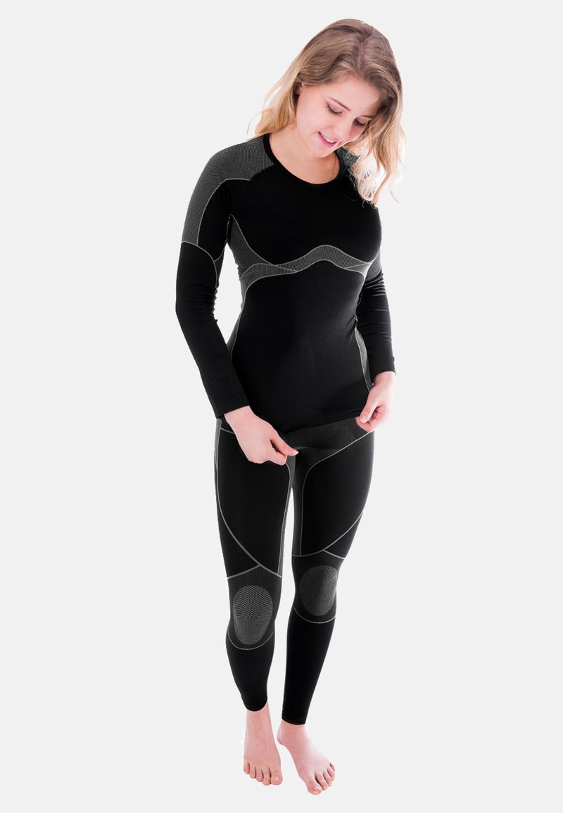 Black thermal top and leggings with textured gray accents. Features long sleeves and fitted design, ideal for active wear or layering.