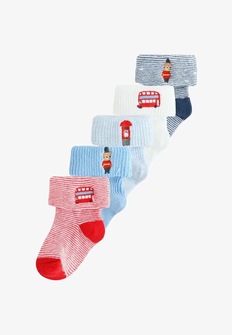 Pięć par złożonych skarpetek dla niemowląt w niebieskie, białe i czerwone paski z haftem przedstawiającym motywy londyńskie: autobusy, strażników i czerwone skrzynki pocztowe.