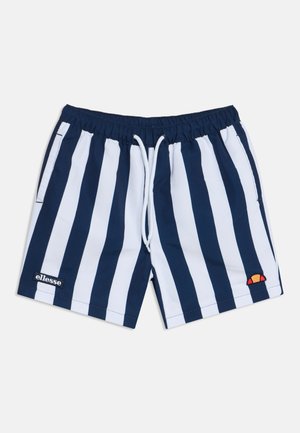 Short de bain rayé vertical bleu marine et blanc avec taille élastique, cordon blanc, poches latérales et écussons du logo ellesse à l'avant.