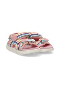 Sandalias rosas con correas a rayas multicolor y cierres de velcro. Material suave, suela plana y diseño abierto para mayor transpirabilidad.