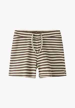 Hnedé a biele horizontálne pruhované pletené šortky s elastickým pásom a šnúrkou, pohľad zepredu na bielom pozadí.