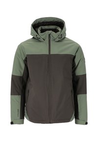 Kapuzensh jacket in dunkelgrün und schwarz, mit einem Reißverschluss vorne, zwei seitlichen Taschen und kontrastierenden Farbstreifen an den Ärmeln und Schultern.