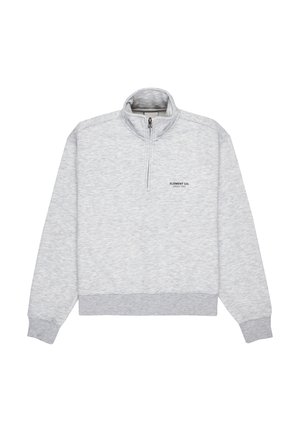 Sweat-shirt gris clair avec un col zippé mi-haut, des poignets et un ourlet côtelés, présentant un petit logo noir sur la poitrine. Texture douce, design décontracté.
