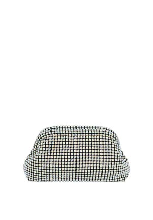 Zwart-witte clutch met een rondvorm, voorzien van een textiel oppervlak en een metalen sluiting.