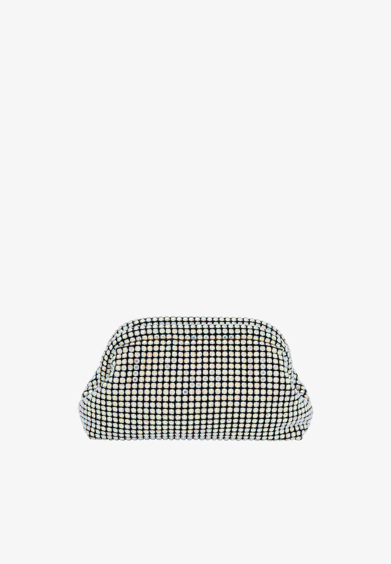 Laukku käsivarteen mustavalkoisella kuviolla, pyöreä muoto, jossa on tekstuuri pinta ja metallinen kehys suljenta.