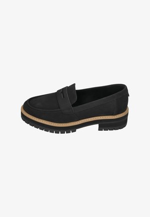Schwarze Loafers aus Wildleder mit rundem Zehenbereich, Schlupfdesign, beigefarbenen Nähten und einer dicken schwarzen Gummisohle mit strukturiertem Muster.