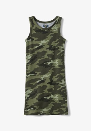 Ärmelloses Kinderkleid in grünem Camouflagemuster mit rundem Ausschnitt, aus geripptem Stoff.