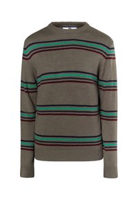 Maglione lavorato a maglia di colore verde oliva con motivo a righe orizzontali in rosso, blu e verde. Presenta un colletto a girocollo e polsini a costine.