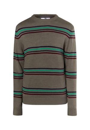 Pleteni pulover v olivno zeleni barvi z vodoravno črtno vzorcem v rdeči, mornarsko modri in zeleni barvi. Ima okroglo ovratnik in rebraste manšete.