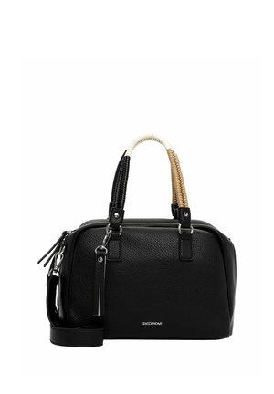 Borsa a mano in pelle nera strutturata con manici avvolti bicolore, tracolla staccabile e dettagli in metallo color argento.