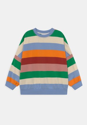 Wielobarwna bluza z poziomymi paskami w kolorach zielonym, pomarańczowym, niebieskim, kremowym, różowym i bordowym, z prążkowanym okrągłym dekoltem i mankietami.