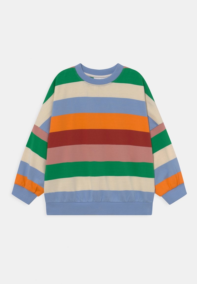 Sweat-shirt multicolore avec des rayures horizontales en vert, orange, bleu, crème, rose et bordeaux, doté d'un col rond et de poignets côtelés.