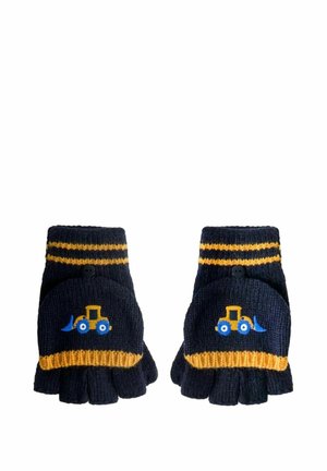 Gants sans doigts tricotés en marine foncé avec des rayures jaunes. Présente un design de tracteur bleu et jaune sur la paume. Tissu texturé.