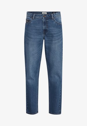 Niebieskie dżinsy o prostym kroju nogawki, pięciopocketowym designie i subtelnym wyblaknięciu. Szwy w kontrastowym kolorze, z metalowym zapięciem na guzik.