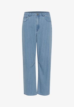 Világoskék farmer széles szárú nadrág függőleges fehér csíkokkal. Gombos záródás, övtartók és két elülső zseb jellemzi. Sima tapintású anyag.