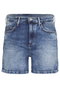 Pantalones cortos de mezclilla en azul medio, con un diseño clásico de cinco bolsillos, cierre superior con botón y dobladillo deshilachado. Acabado texturizado y ligeramente desgastado.