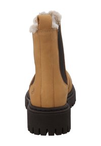 Stivaletto alla caviglia in pelle marrone con inserti elastici neri, fodera in pelliccia sulla parte superiore e suola spessa in gomma con profonde scanalature per l'aderenza.