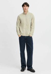 Beige zip-up sweatshirt with a high collar, long sleeves, and front pockets, paired with blue straight-leg denim jeans and black shoes.