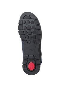 Suola di scarpa in gomma nera con ampi motivi antiscivolo e un inserto rosso per il comfort. Taglia 37 contrassegnata sulla parte inferiore. Design testurizzato per una migliore aderenza.