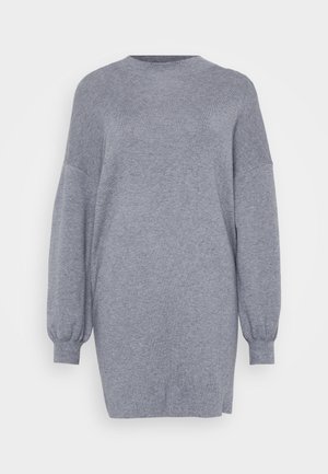 Gray oversized sweater dress made of soft knit material; features a round neckline and balloon sleeves; side slits at the hem.