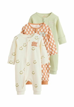 Drei langärmlige Baby-Strampler mit Rippenstruktur in Beige mit Smiley-Aufdrucken und "Bleib cool", orange kariert mit "Lächeln" und hellgrün mit "Happy Days".