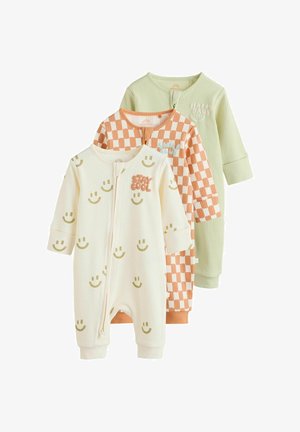 Tri rebrované detské body s dlhým rukávom v béžovej farbe s potlačou úsmevov a nápisom „Stay Cool“, oranžovo-kockované s nápisom „Smile“ a svetlozelené s nápisom „Happy Days“.