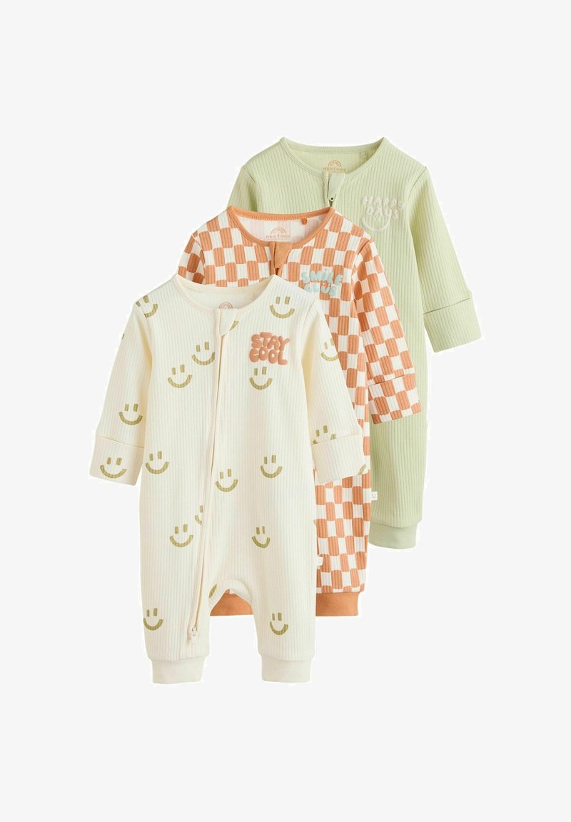 Tre ribbede langærmede babybodystockings i beige med smilende tryk og "Stay Cool," orange ternet med "Smile," og lysegrøn med "Happy Days."