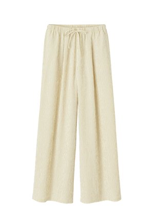 Pantalon large beige clair à fines rayures verticales, taille élastique et lien de serrage à l'avant.