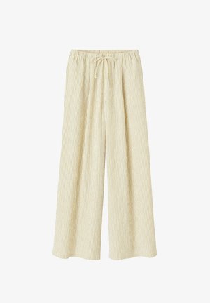 Pantalon large beige clair à fines rayures verticales, taille élastique et lien de serrage à l'avant.