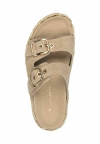 Beige slide sandal featuring two adjustable straps with gold buckles, a textured footbed, and braided jute trim on the sole.