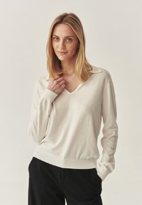Pulover tricotat bej deschis, cu decolteu în V și guler pliat. Mâneci lungi, tiv și manșete cu bande. Textură moale. Purtați cu pantaloni negri.