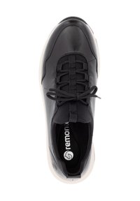 Black leather sneaker with a rounded toe, textured lace detailing, and a white rubber sole. Features a logo on the insole.