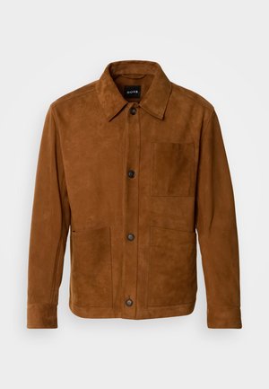 Brown suede jacket with a collared neckline, front button closure, two front pockets, and a smooth texture. Minimalist design, casual fit.
