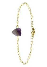 Bracelet en chaîne dorée avec une pierre en améthyste en forme de cœur, présentant des nuances de violet et de violet clair. Inclut un fermoir pour une fermeture sécurisée.