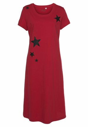 Red cotton dress featuring short sleeves, a round neckline, and black star designs across the front in varying sizes.
