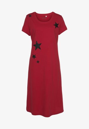 Red cotton dress featuring short sleeves, a round neckline, and black star designs across the front in varying sizes.
