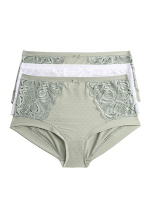 Tre par dameunderbukser: et lysegrønt med blonder, et hvidt med blonder og et lysegrønt med prikket mønster.