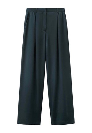 Black wide-leg trousers with front pleats, side pockets, and belt loops, displayed against a white background.