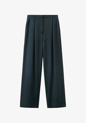 Black wide-leg trousers with front pleats, side pockets, and belt loops, displayed against a white background.