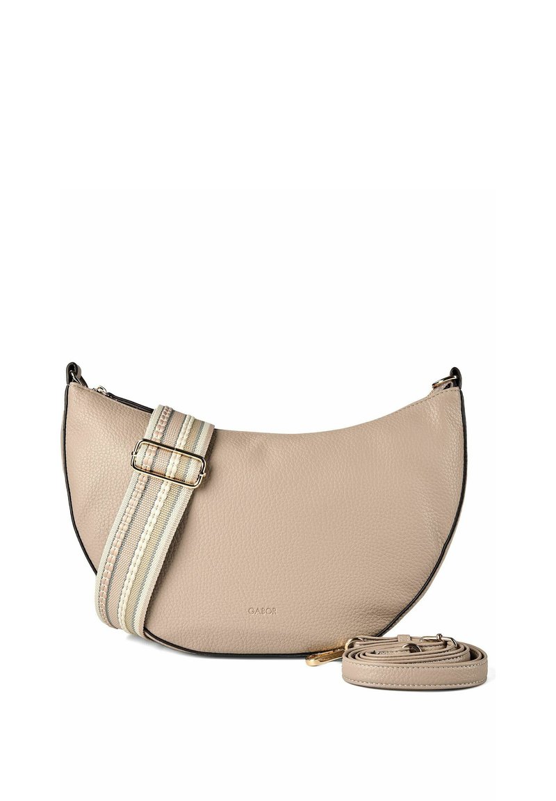 Beige, halvemaanvormige leren schoudertas met gestreepte verstelbare riem en aparte effen leren riem, met het geperste "GABOR" logo zichtbaar.