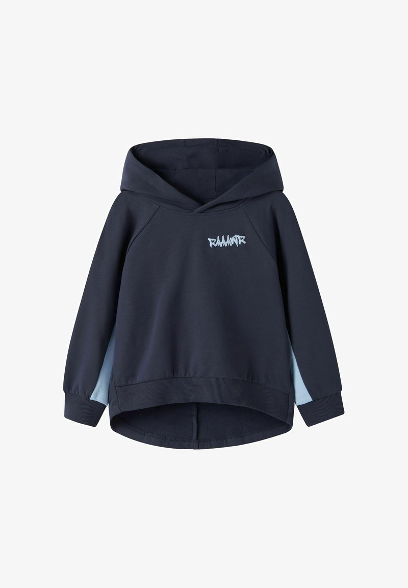 Sweat à capuche pour enfant bleu marine avec panneaux de manches bleu clair et texte blanc "RAAAWR" sur la poitrine haute.