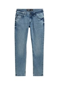 Jeans de mezclilla azul claro con corte slim, que cuentan con cinco bolsillos, cierre de cremallera y detalles de costura a lo largo de las costuras.
