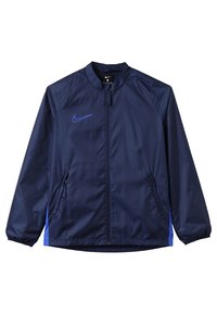 Navy windbreaker jacket with a front zipper, elastic cuffs, side pockets, and blue accents. Features a logo on the chest. Smooth texture.