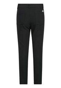 Pantalones negros ajustados con dos bolsillos traseros y un pequeño logo blanco de Adidas en el bolsillo derecho, vistos desde atrás.