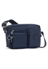 Borsa a tracolla blu navy in nylon con molte tasche con zip, una superficie testurizzata e un accessorio chiave a forma di scimmia.