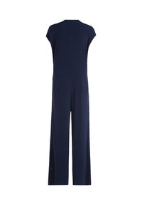 Navy blue jumpsuit made of smooth fabric, featuring cap sleeves, a straight leg design, and a subtle side slit for ease of movement.
