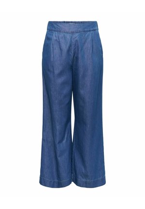 Hlače širokih nogavic z visokim pasom, krajše, iz srednje modrega jeansa z gladkim sprednjim delom in všitim robom.