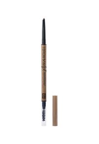 Matita per sopracciglia con una punta sottile e angolata e un pennello spoolie integrato. La base è beige con testo nero e il tappo è di un colore beige uniforme.