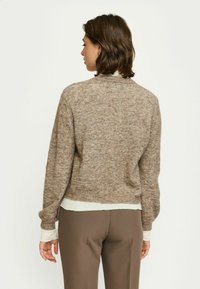 Bruine gebreide trui met een textuurpatroon, cropped lengte en lange mouwen, gelaagd over een lichtgekleurde blouse en bruine broek.